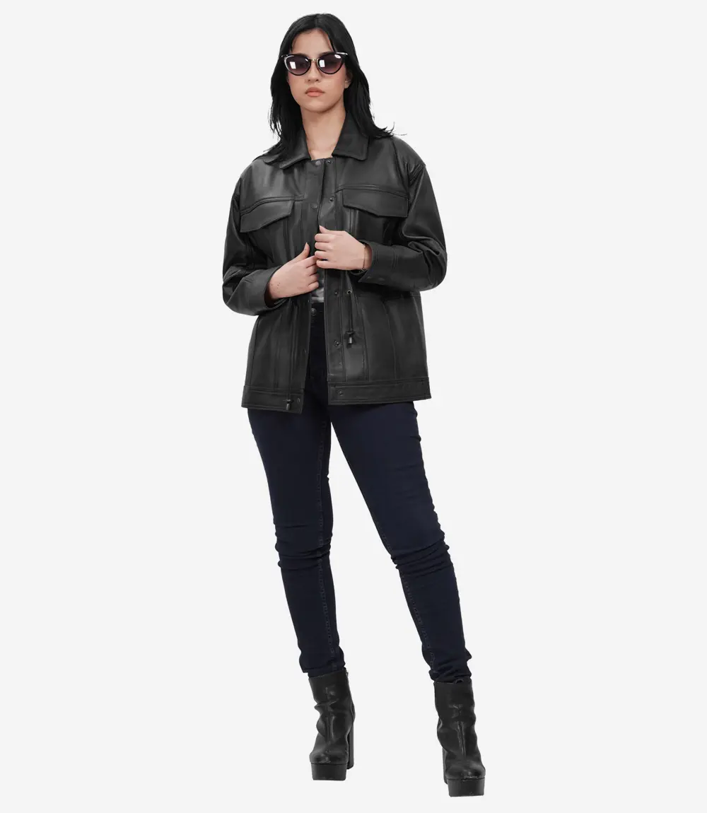 womens black leather oversized jacket