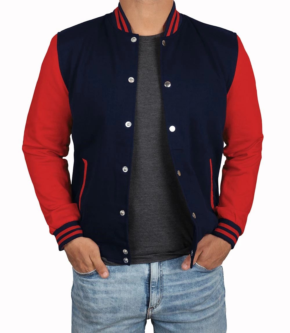 navy blue and red letterman jacket