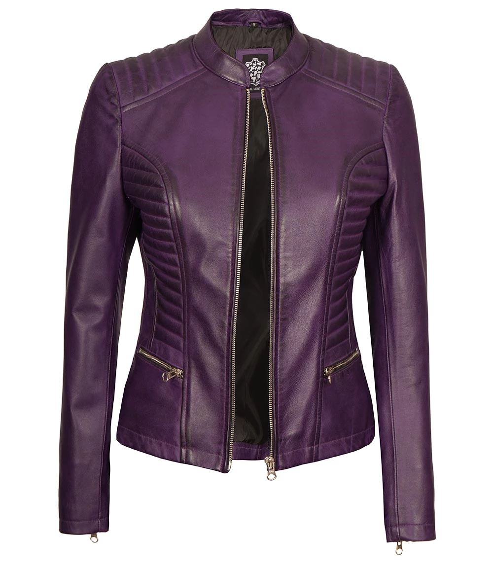 womens cafe racer purple leather jacket