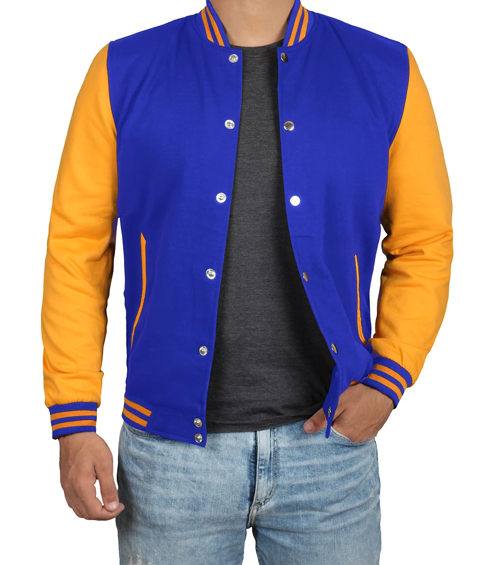 Baseball Style Blue and Yellow Letterman Jacket Mens