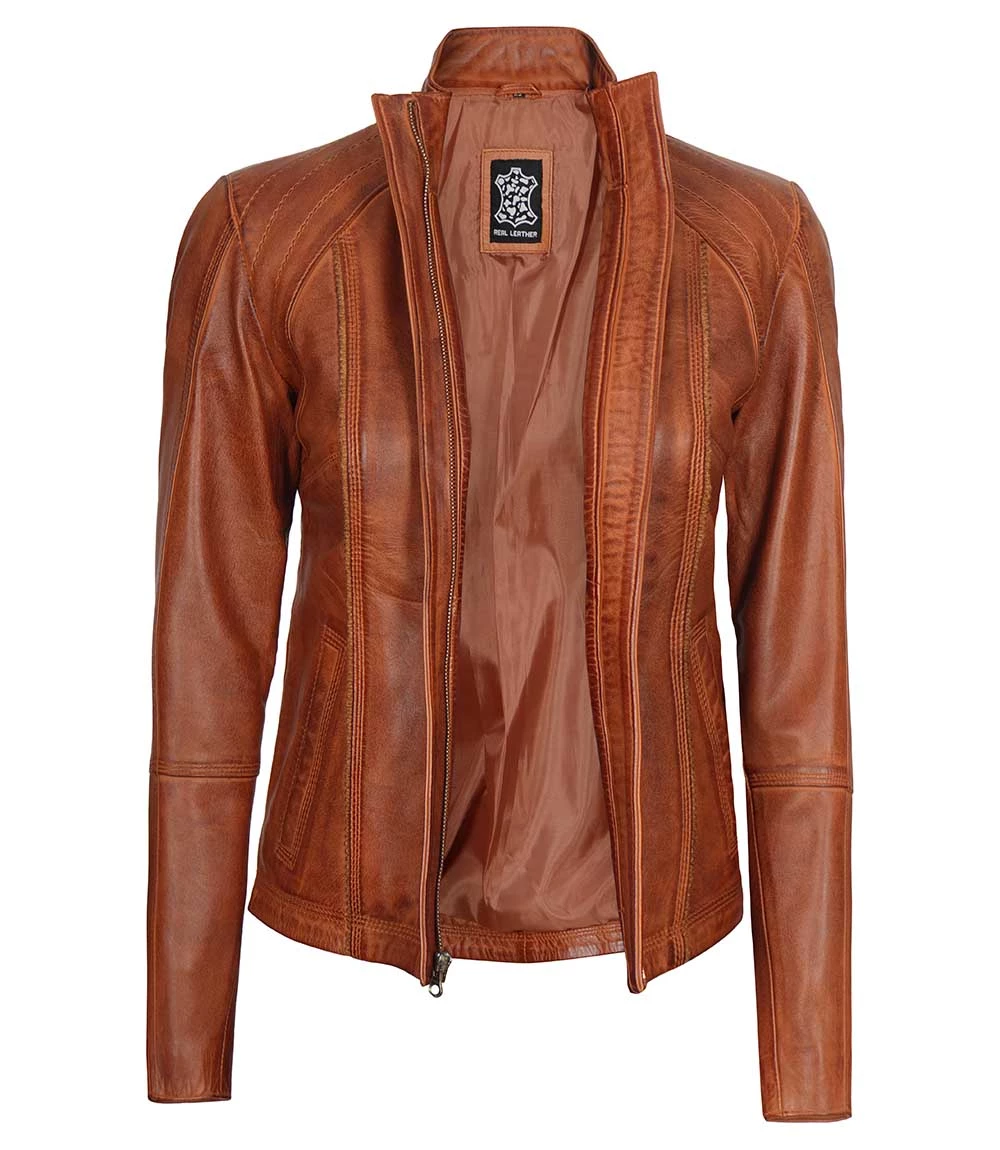 Cognac Real Lambskin Biker Leather Jacket