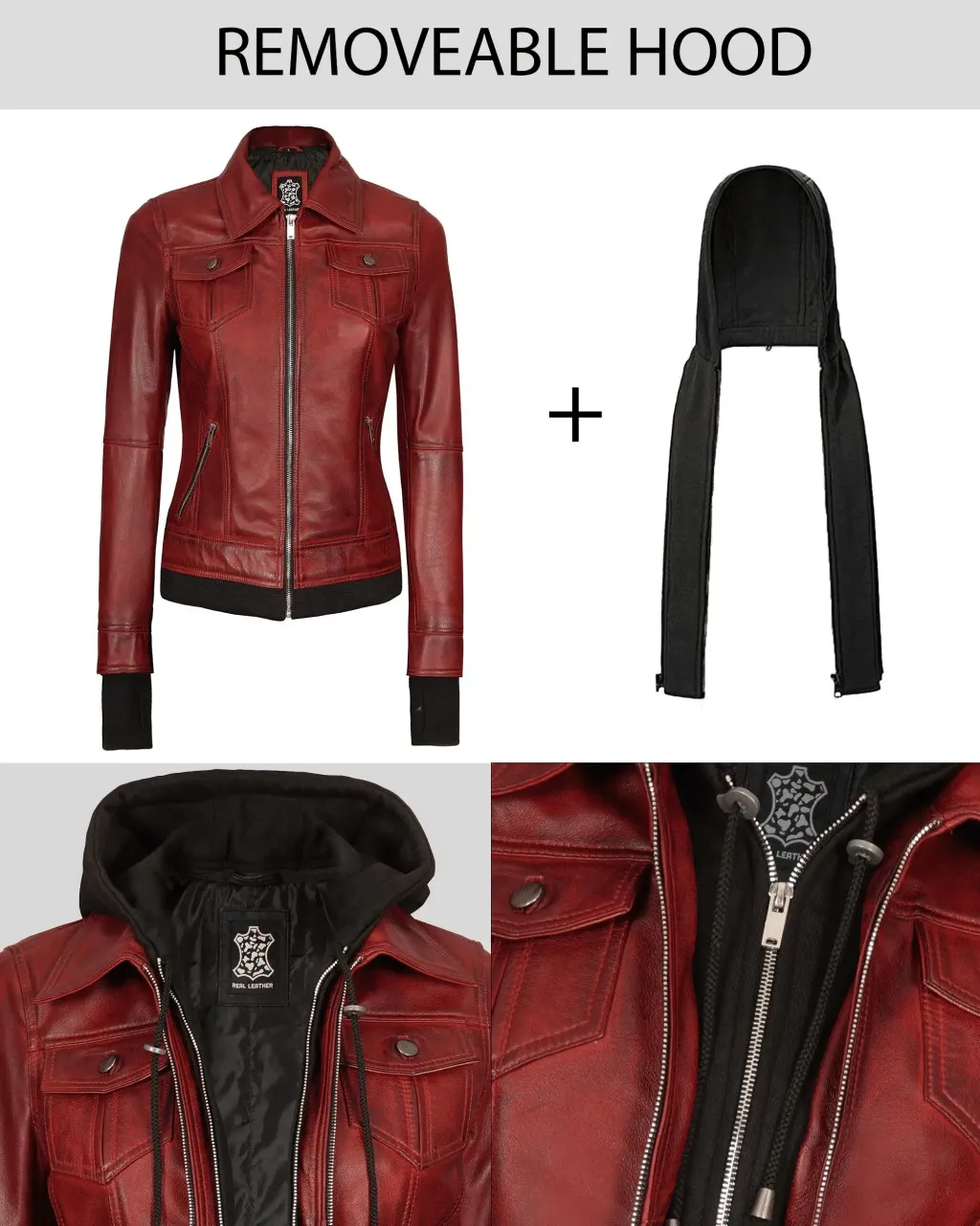 women's maroon leather jacket with hood