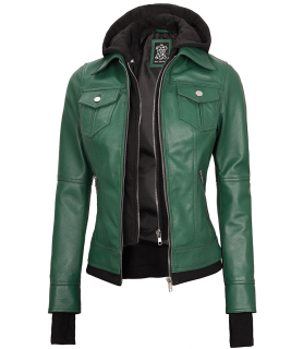 women green leather hooded jacket