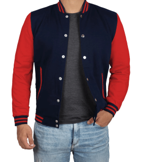 red and blue varsity jacket