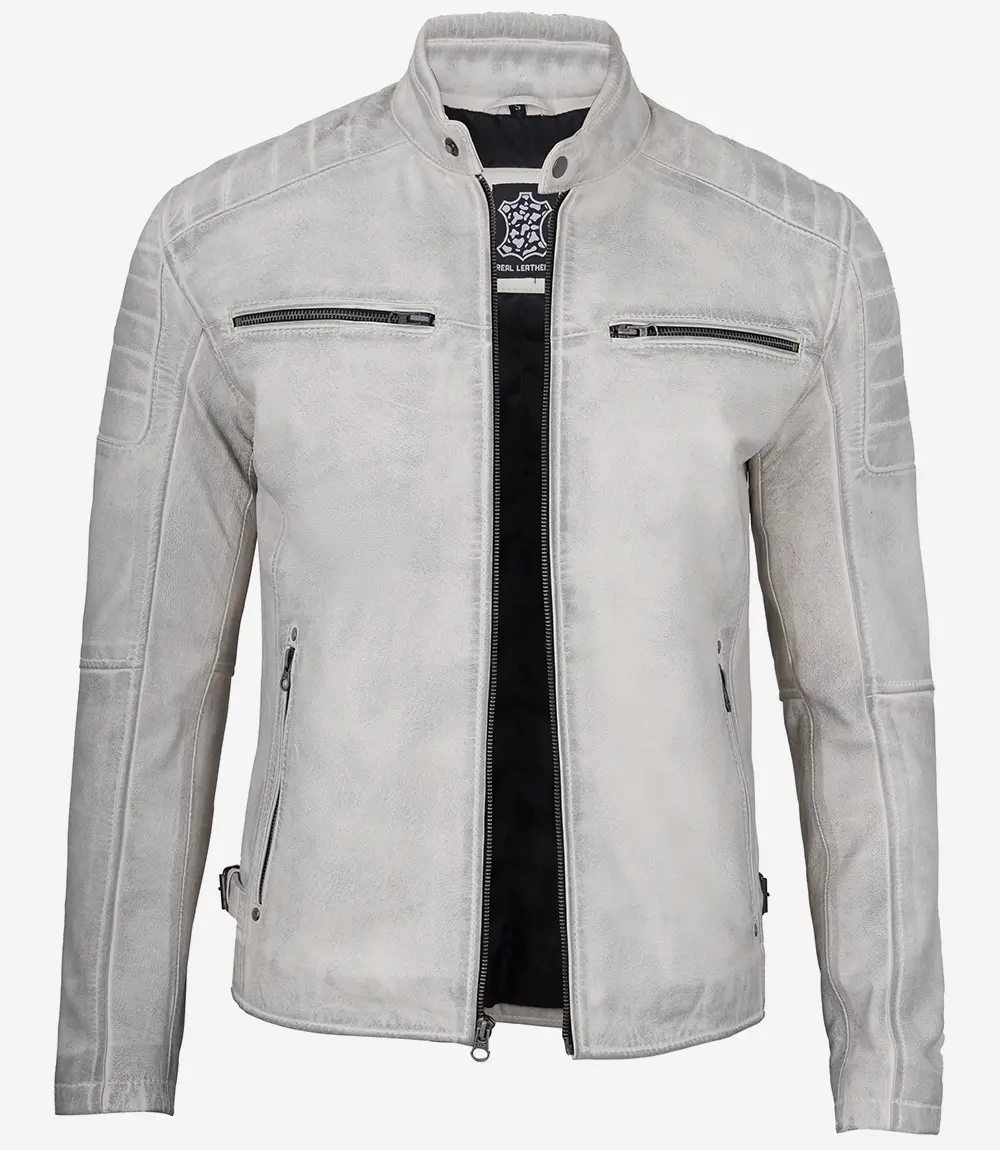 mens offwhite grey wax biker leather jacket