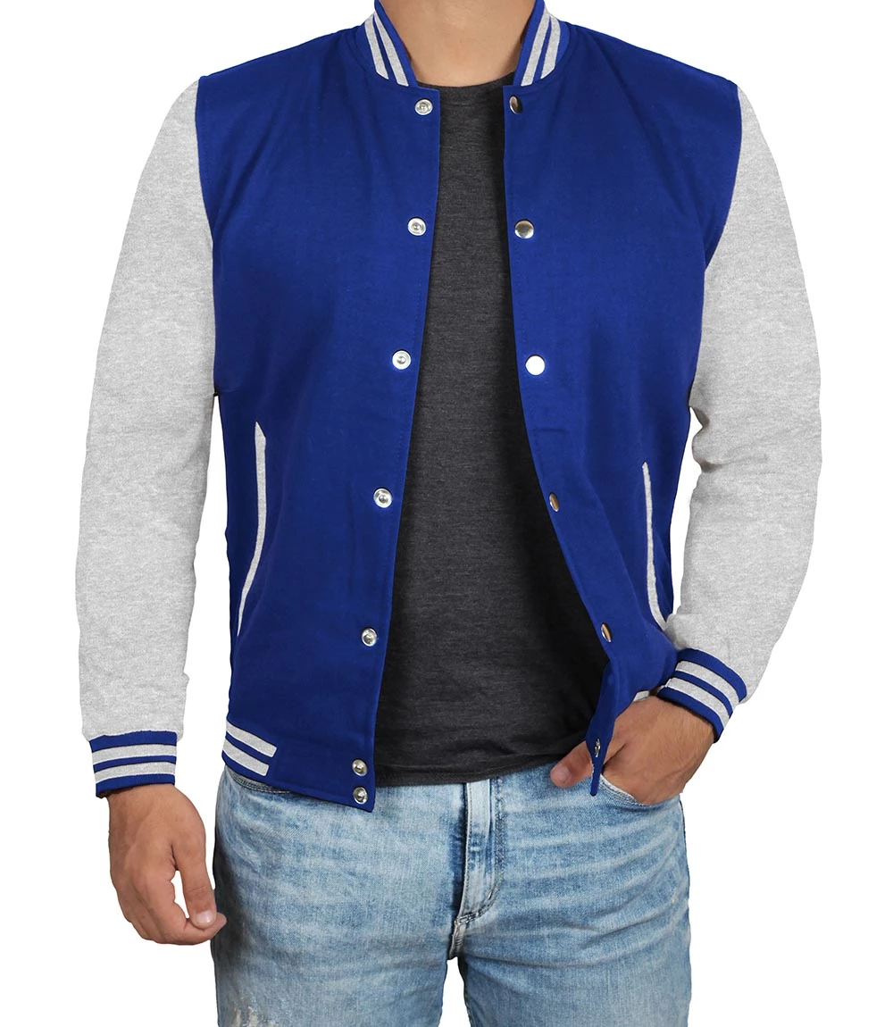 grey and royal blue varsity jacket