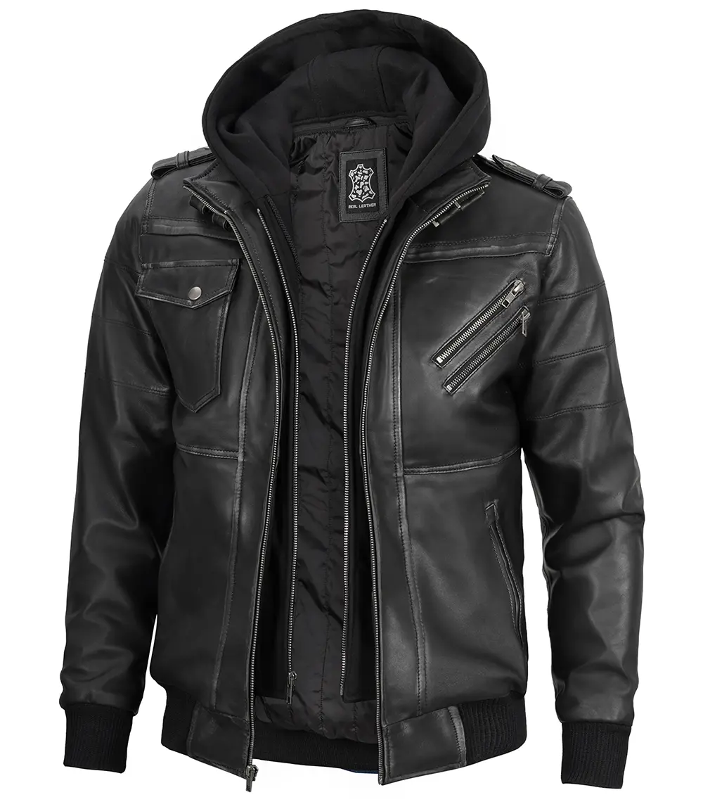 Mens Leather Bomber Jacket with Removable Hood
