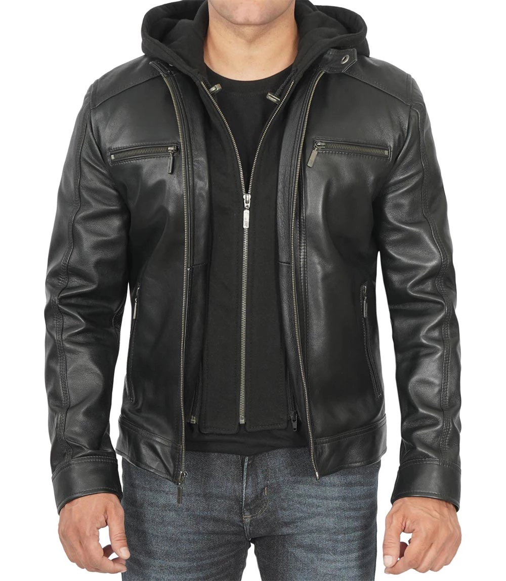 mens leather jacket with removable hood