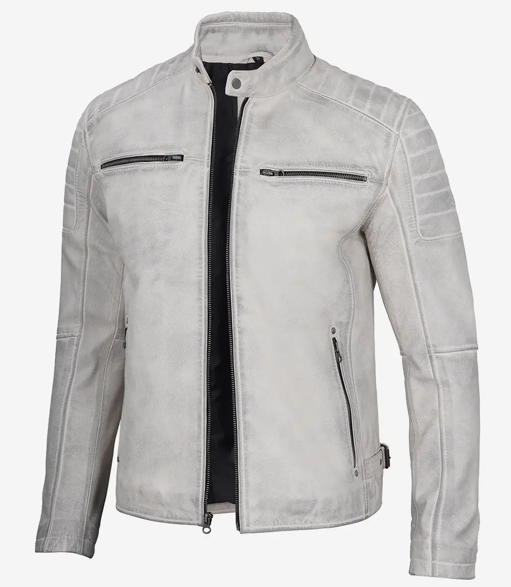 mens offwhite grey wax lambskin leather jacket