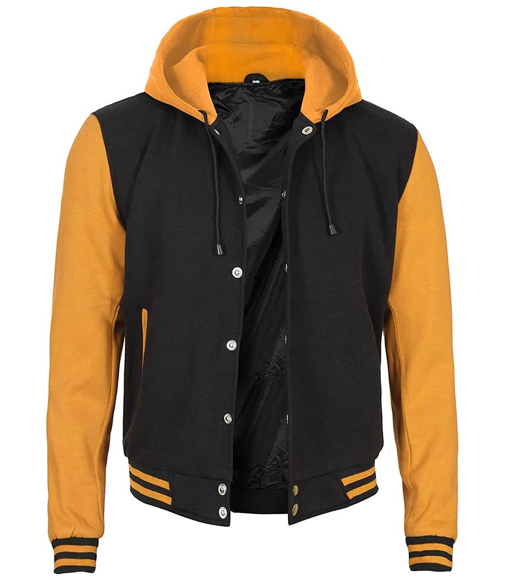 Mens Varsity Hooded Yellow and Black Varsity Jacket
