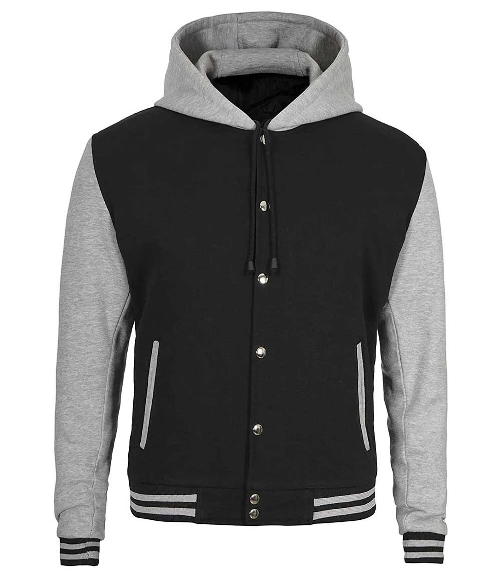 Mens Baseball Hooded Black and Grey Letterman Jacket