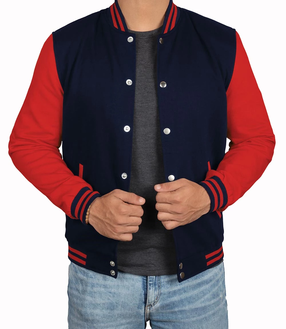 red and navy blue letterman jacket for men