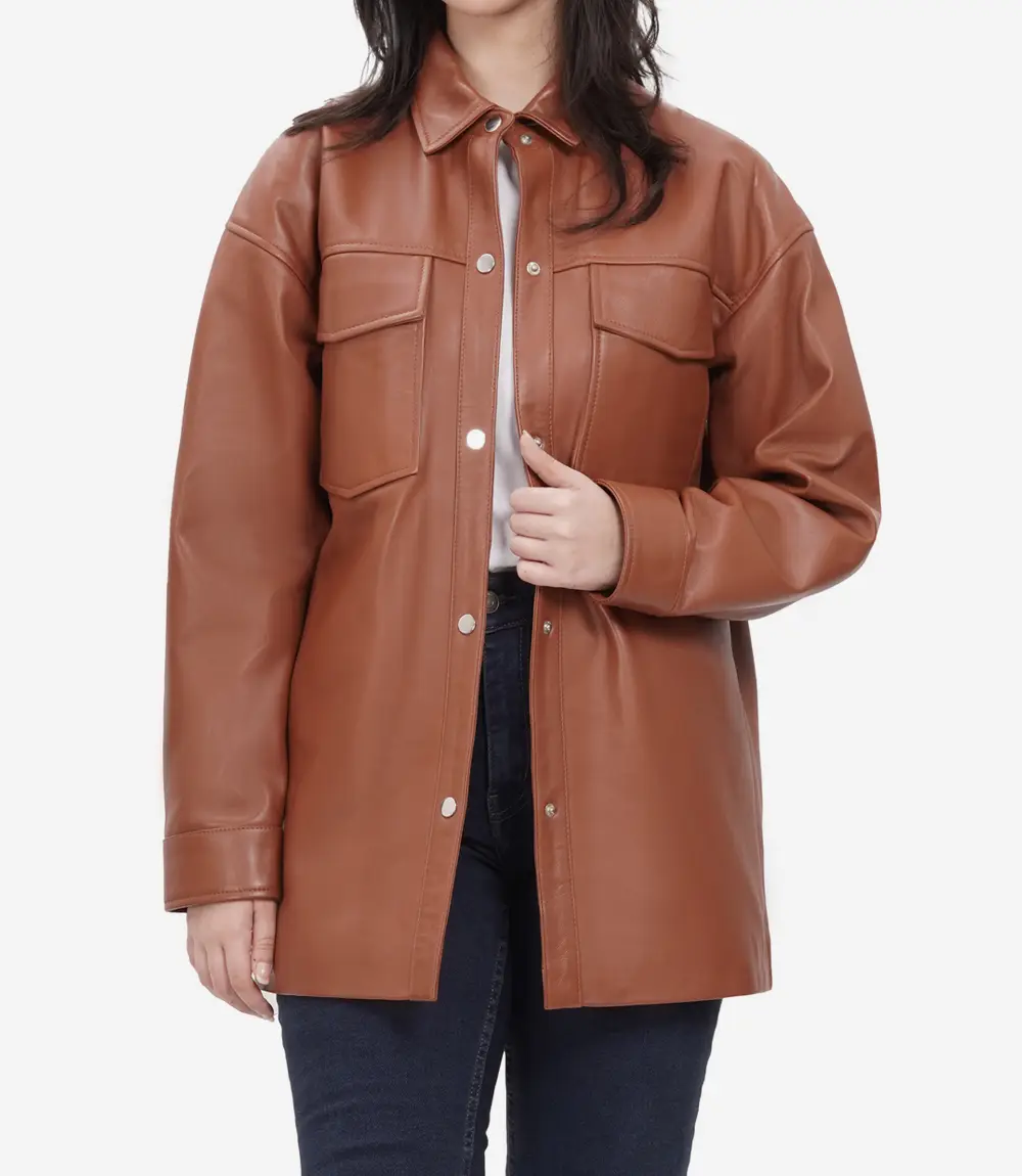 womens oversized leather jacket cognac buttoned closure