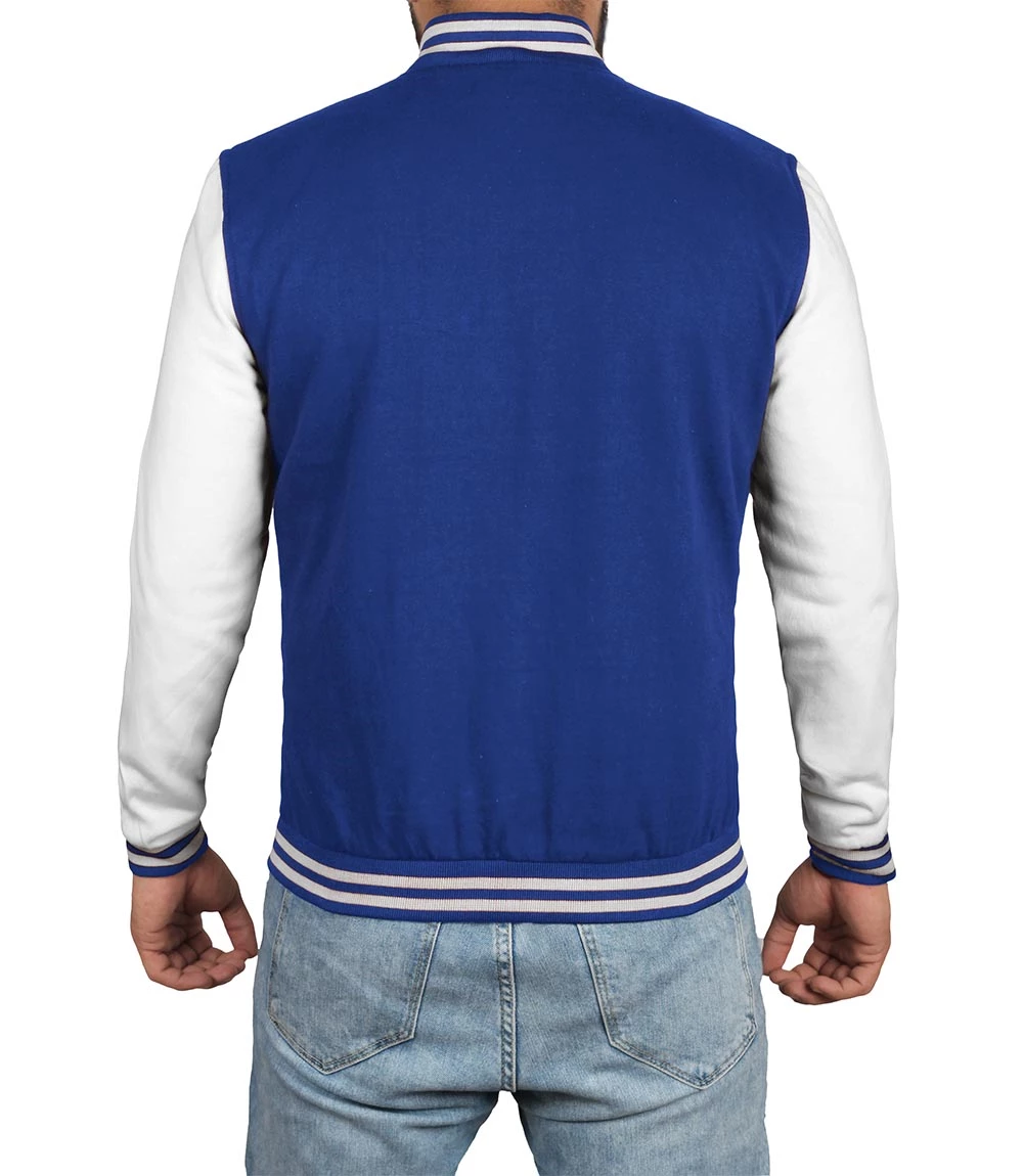 grey and royal blue varsity jacket