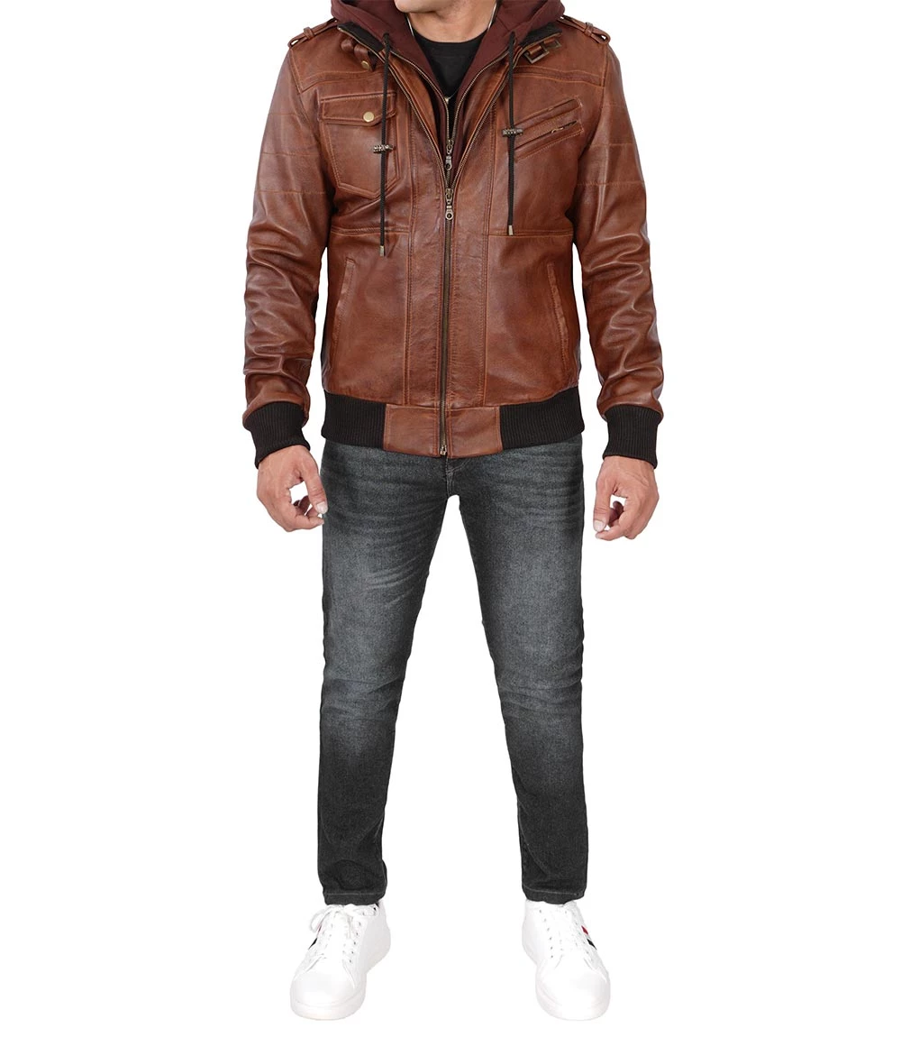 mens bomber brown leather jacket with hood