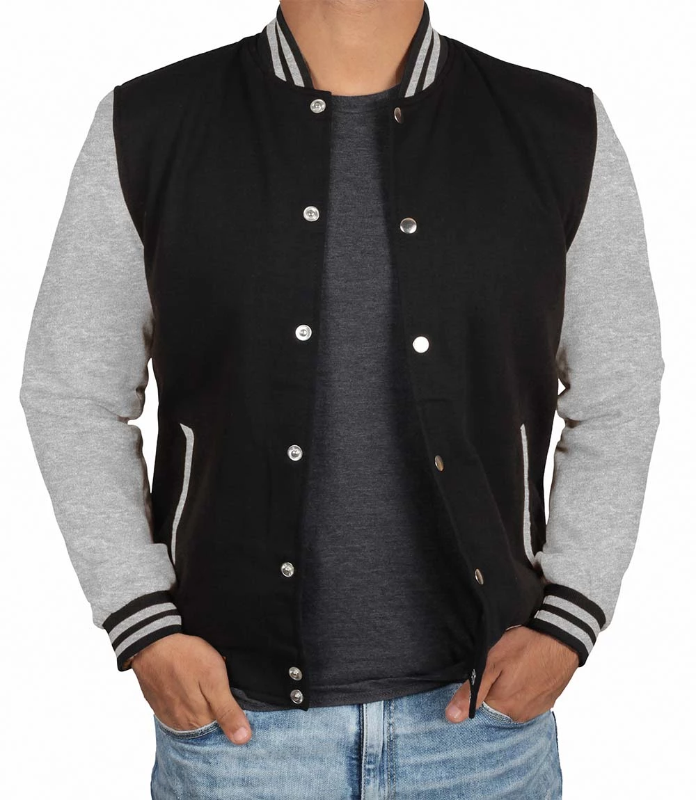 grey and black letterman jacket for men