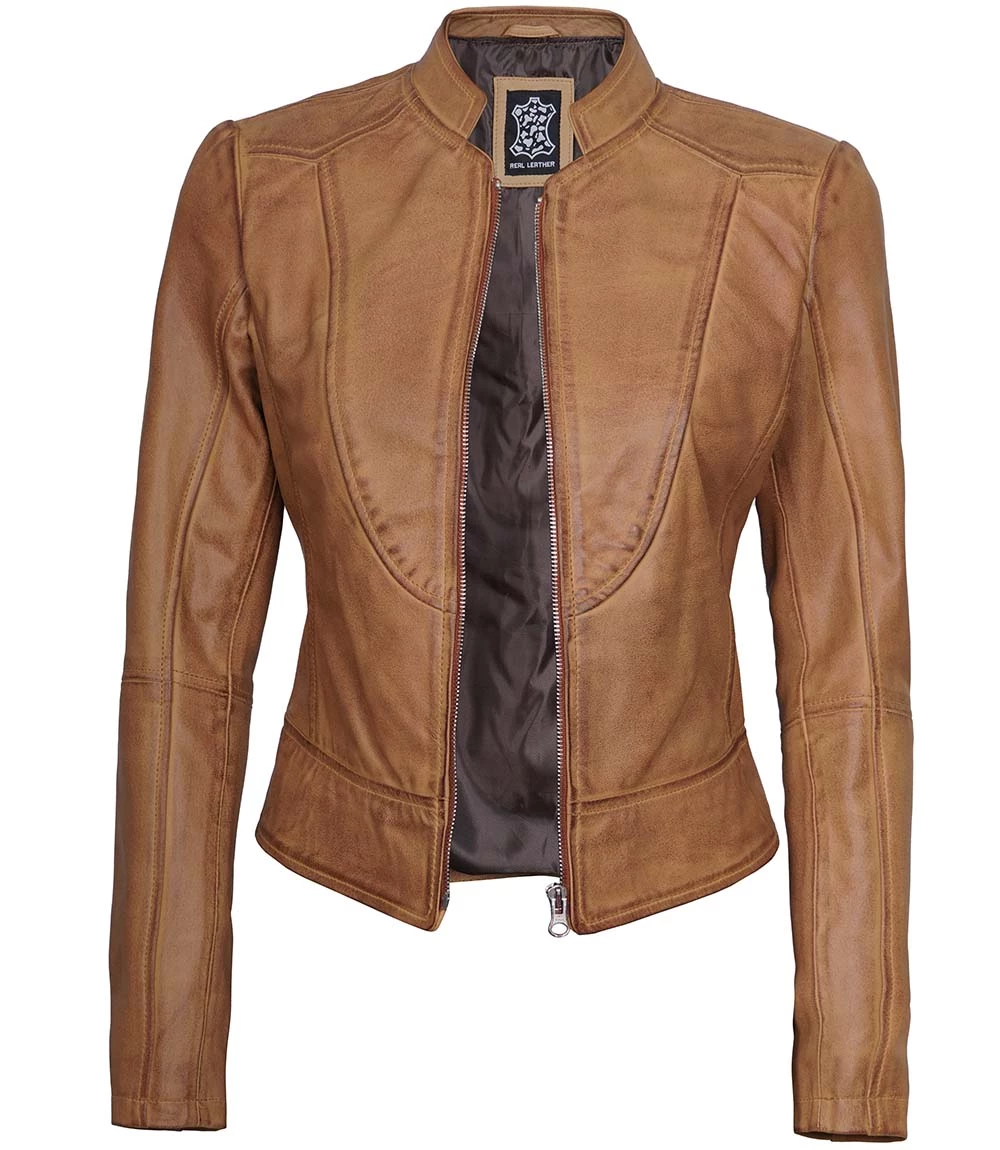 womens leather jacket biker style camel brown
