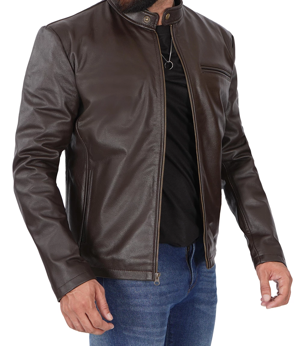 Mens brown cafe Racer Leather jacket