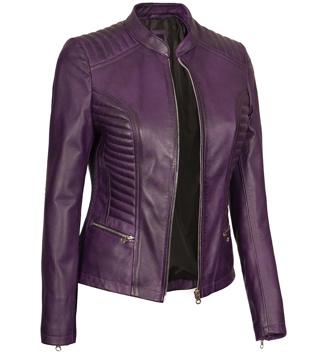 womens purple leather jacket biker style quilted
