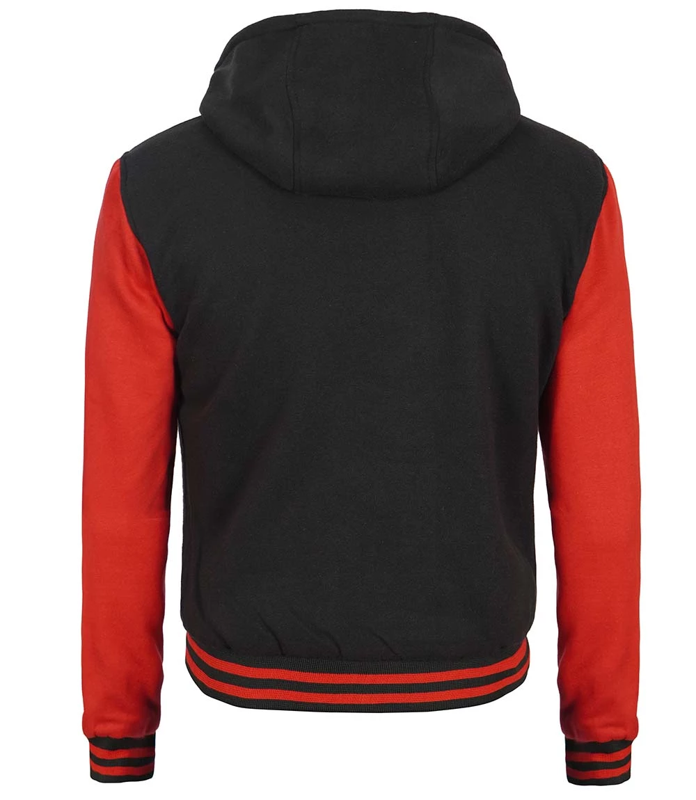 black and red letterman with hood