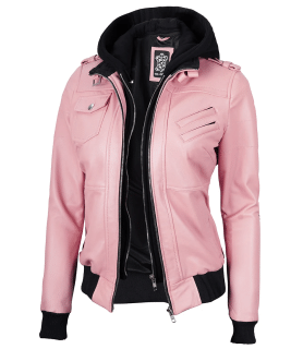 pink leather jacket with attached hood