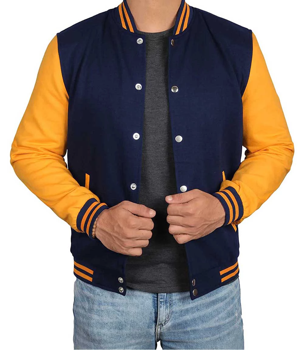 Navy Blue and Yellow Baseball Style Jacket Mens