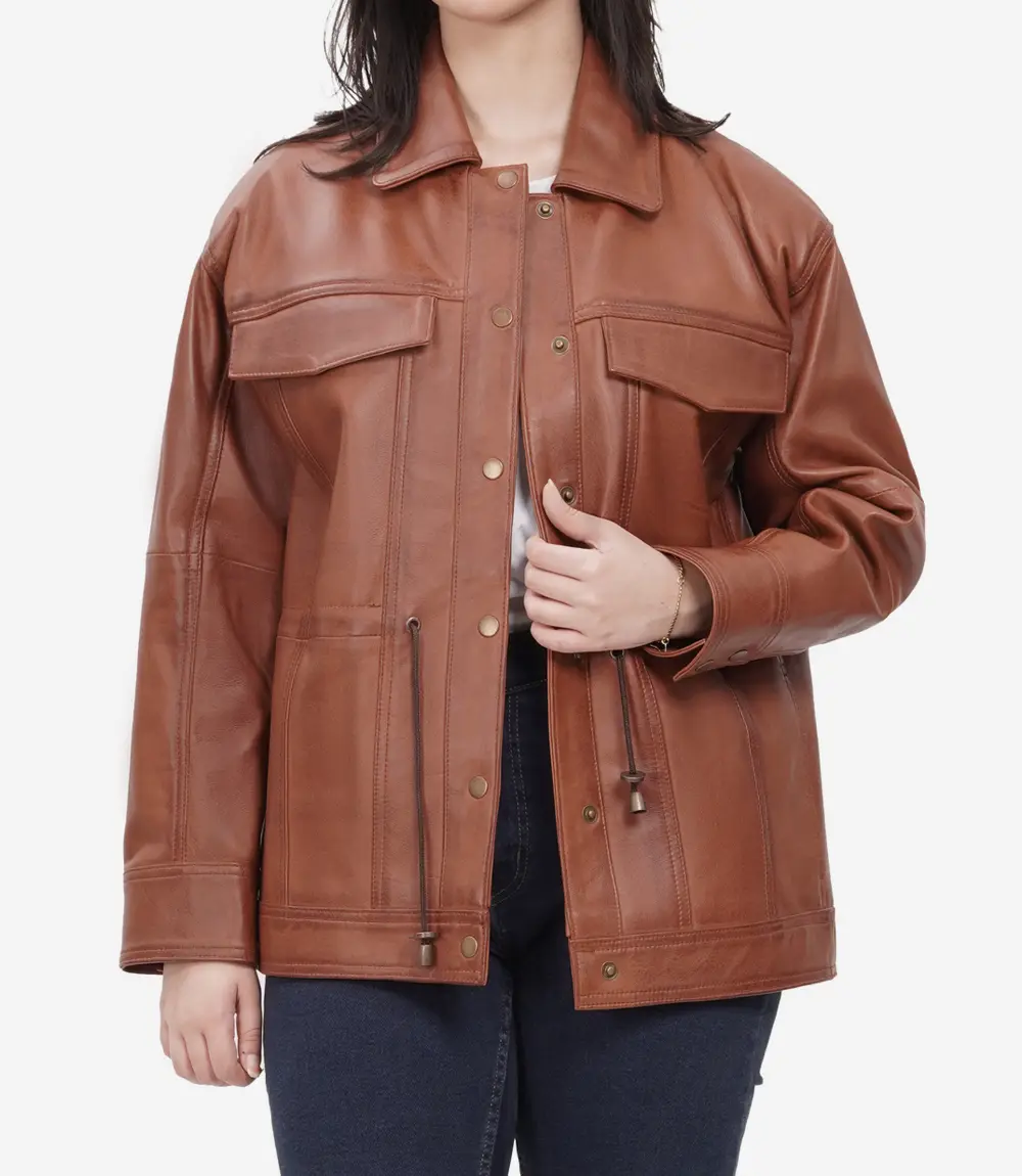 brown womens leather jacket oversized