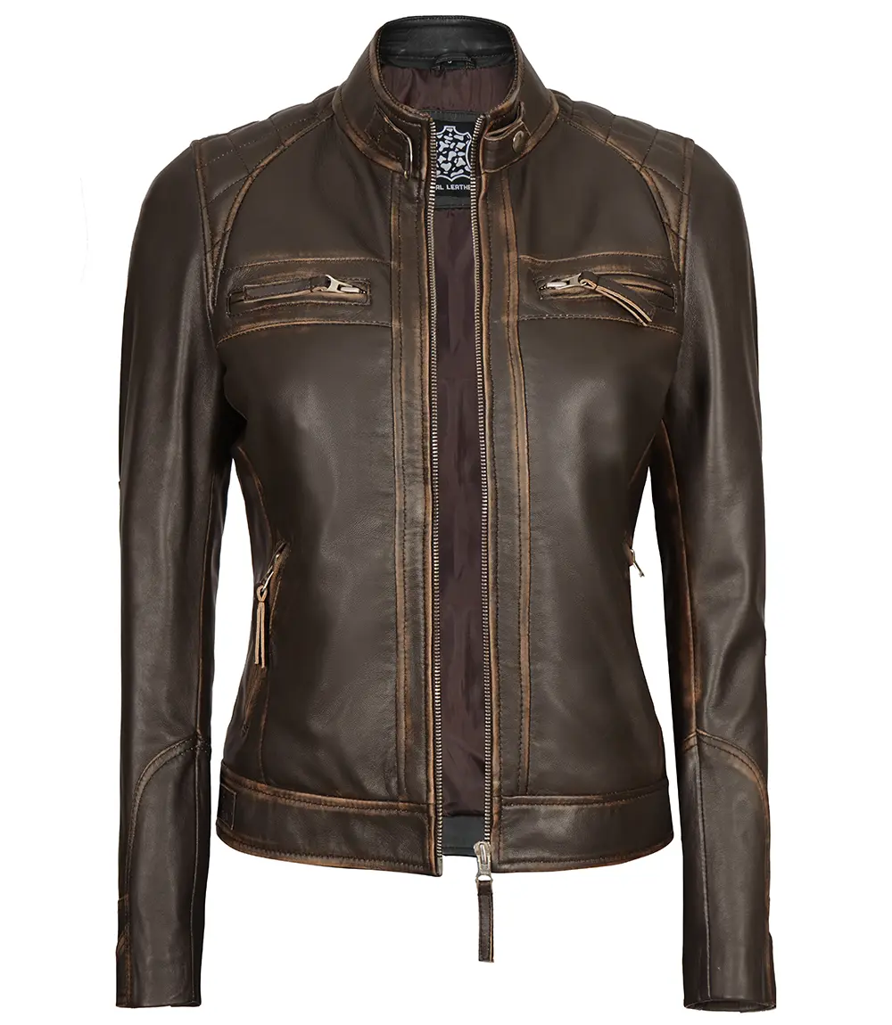 brown leather biker jacket womens