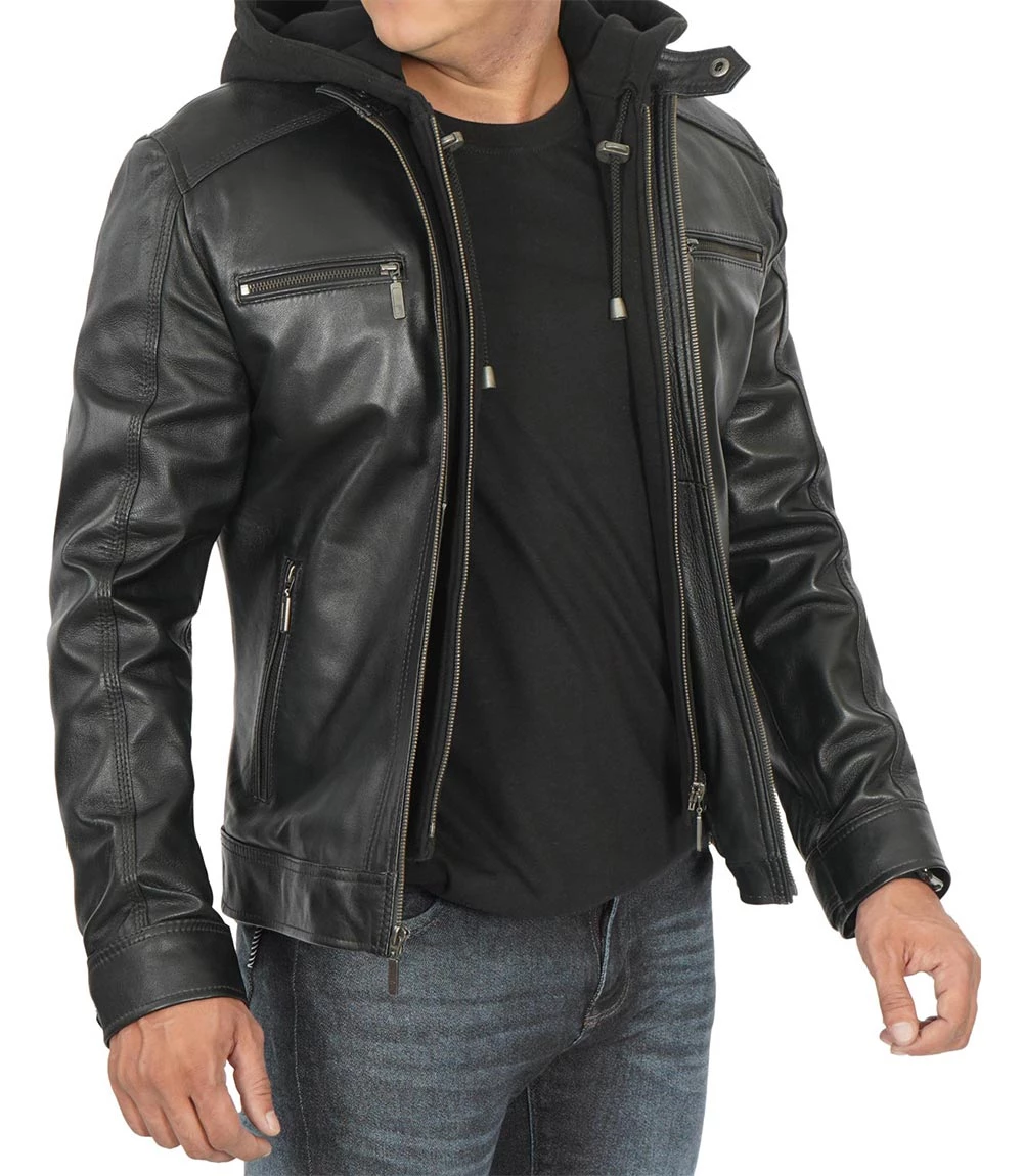 mens leather jacket with hoodie