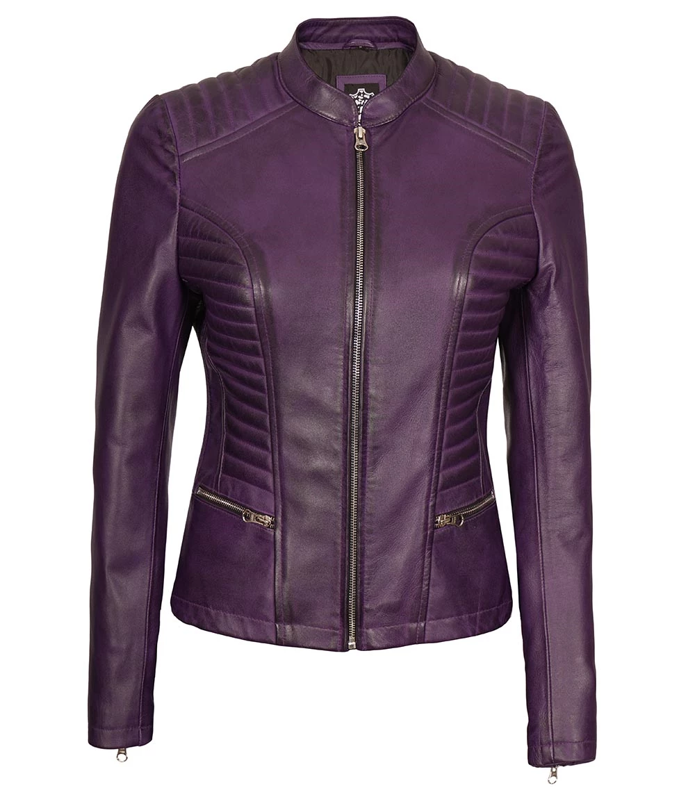 womens quilted classic leather jacket in purple color