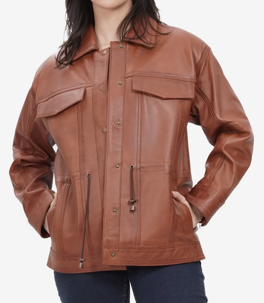 womens oversized leather jacket brown