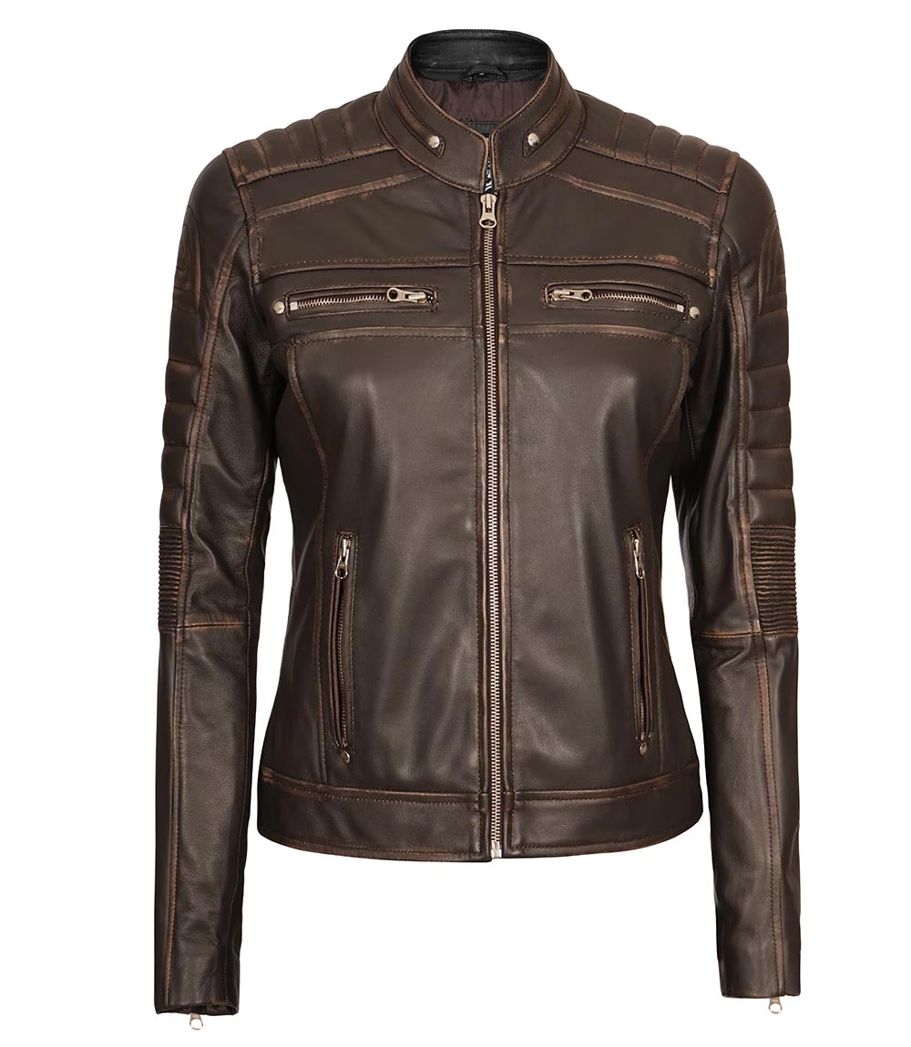 dark brown leather moto jacket women