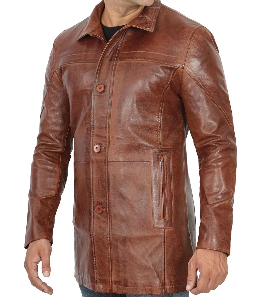 Mens Vintage Cognac Leather Car Coat