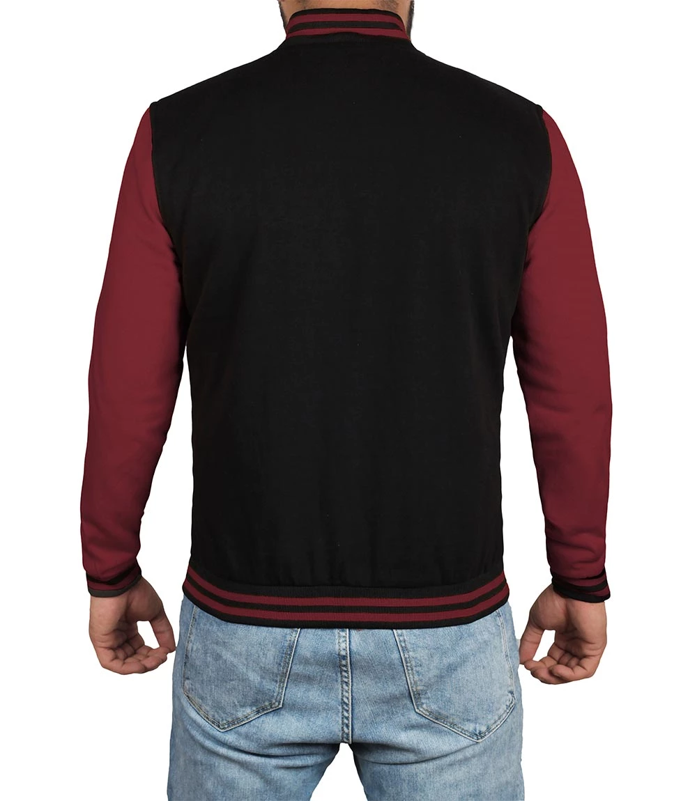 black and maroon varsity jacket