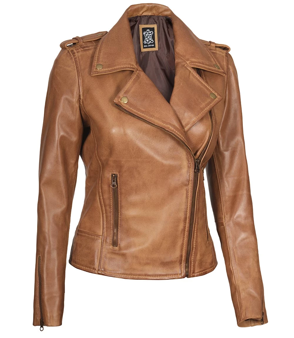 Asymmetrical lambskin leather jacket for womens in camel brown