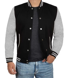 grey and black letterman jacket for men