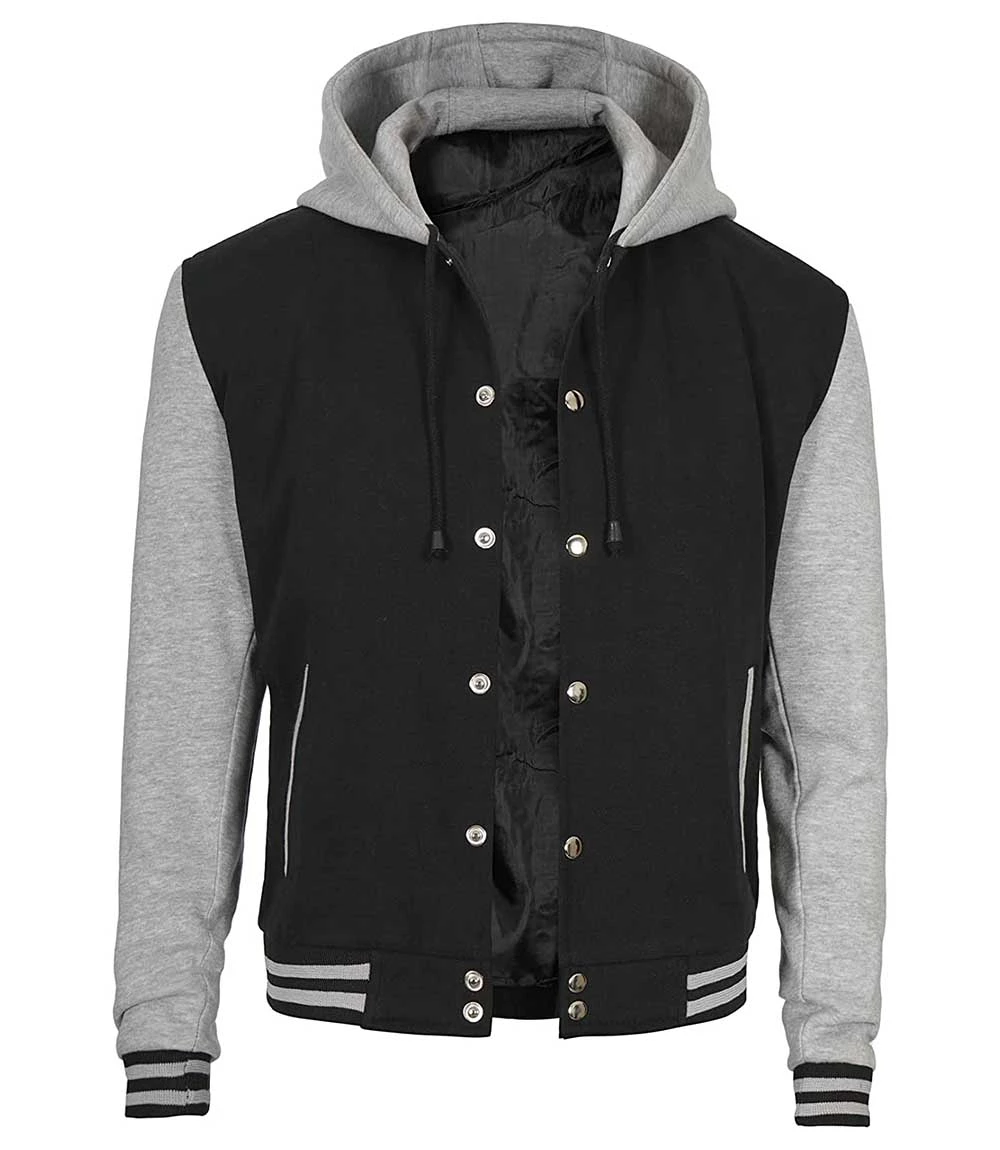 Men Hooded Black and Grey Varsity Jacket