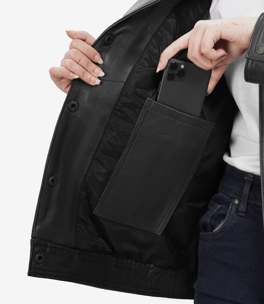 womens black leather jacket with flap pockets