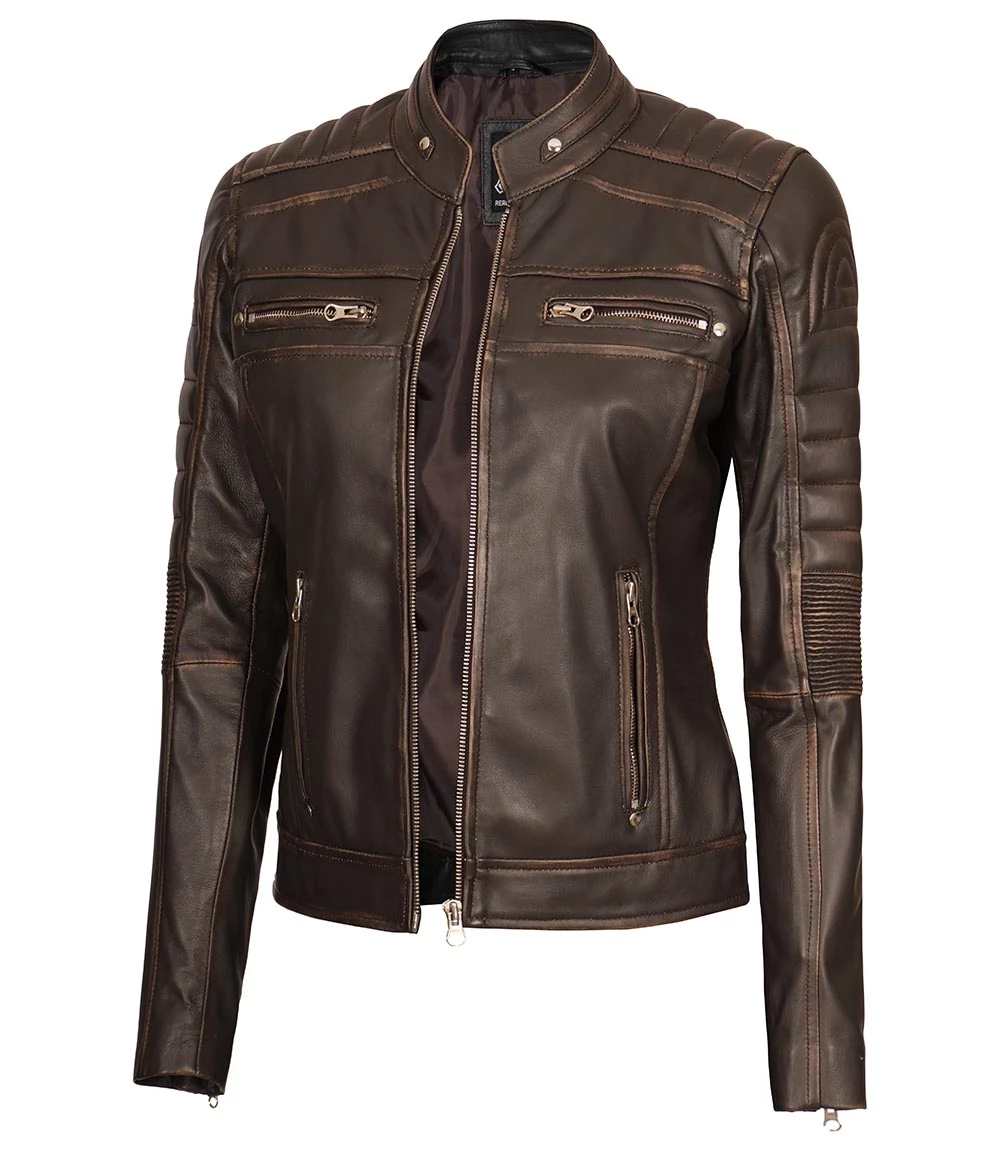 brown biker leather jacket for womens in cafe racer design