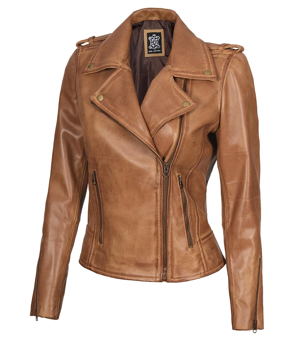 womens camel brown leather jacket biker style