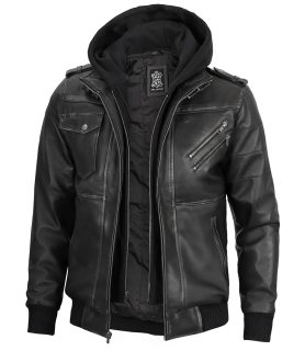 Mens Leather Bomber Jacket with Removable Hood
