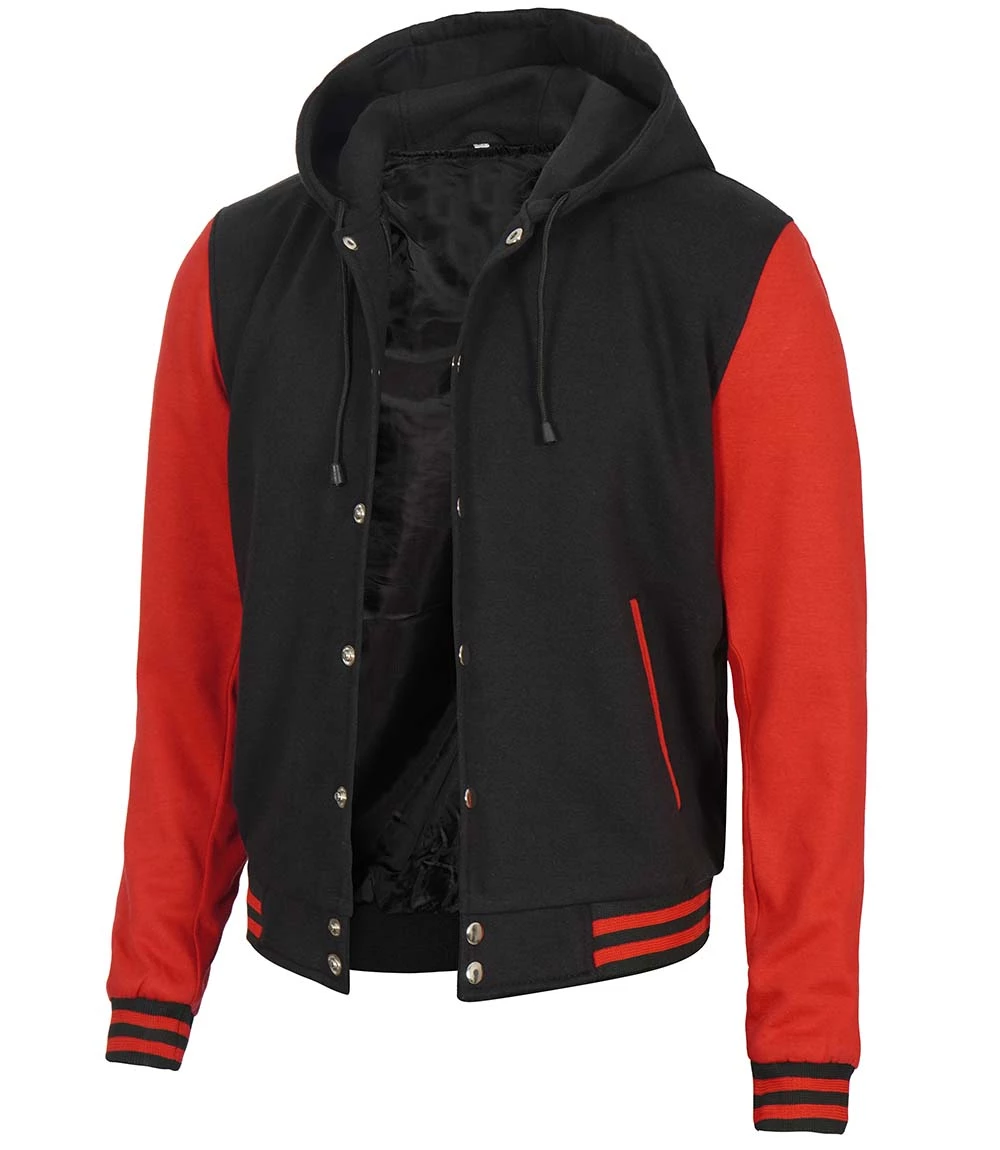 black and red letterman with hood
