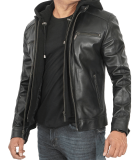 hooded mens leather jacket