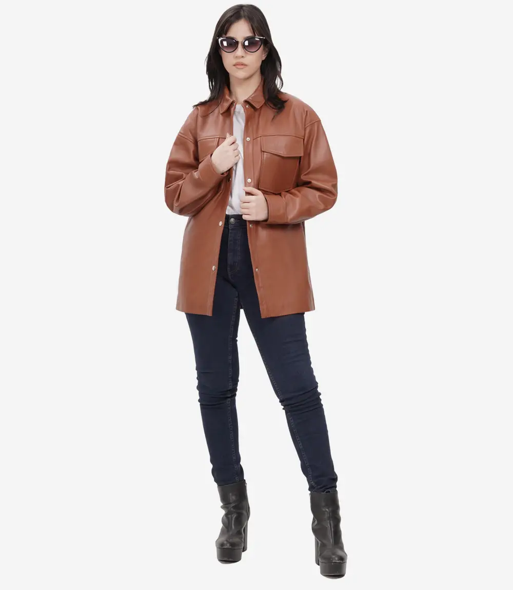 oversized womens leather jacket with buttoned closure