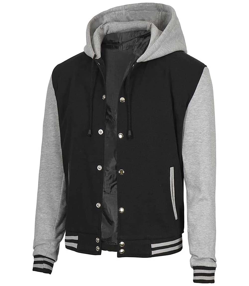 Black and Grey Letterman Jacket with Hood
