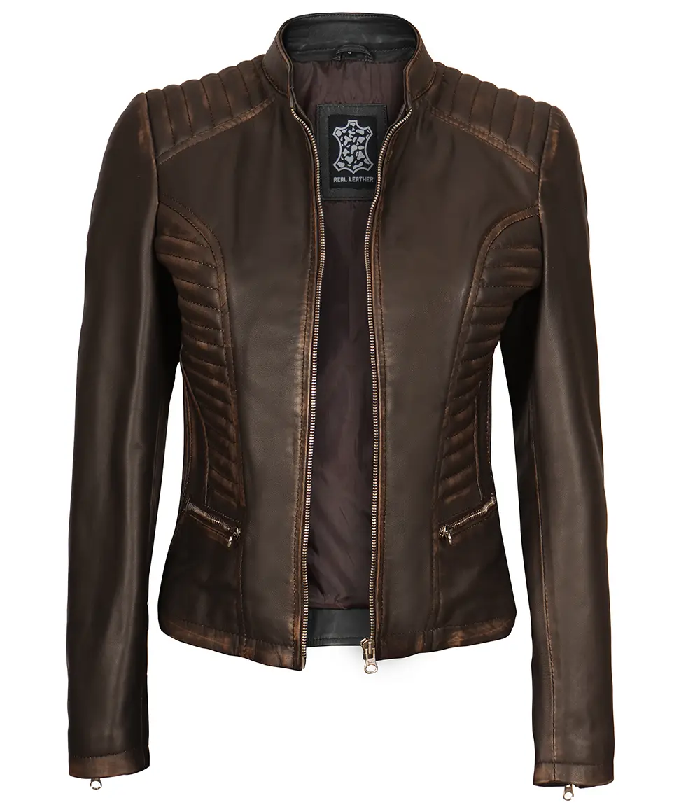 dark brown biker leather jacket women