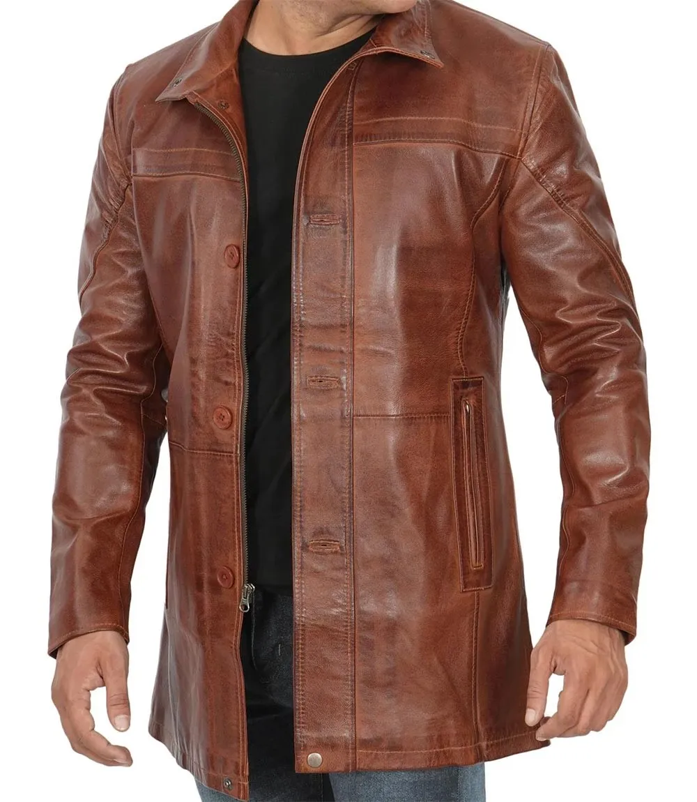 Mens Cognac Leather Car Coat
