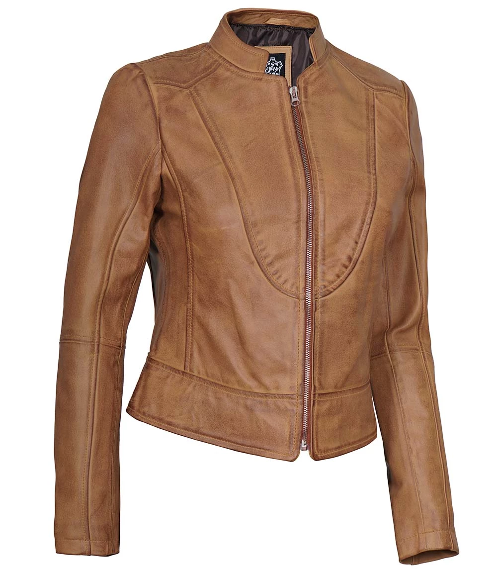 womens leather jacket biker style camel brown
