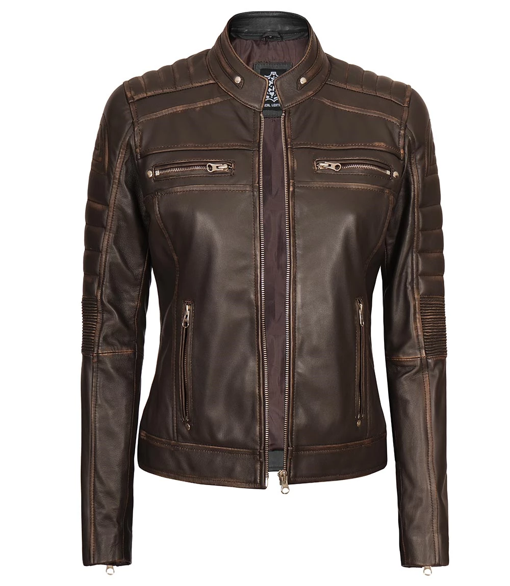 Women cafe racer leather jacket dark brown