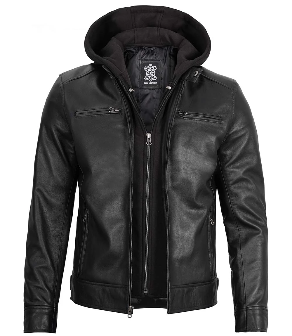 Hooded leather jacket for men